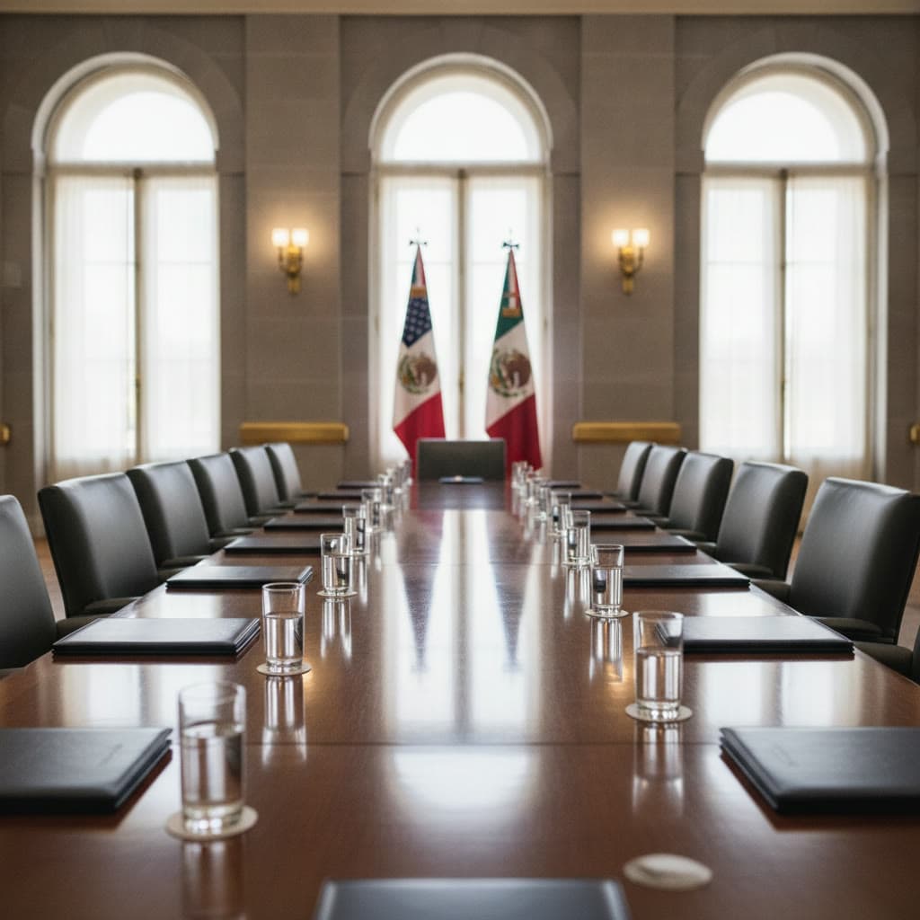 Sala de negociación bilateral vacía con las banderas de Estados Unidos y México antes de la segunda ronda del T-MEC en Washington